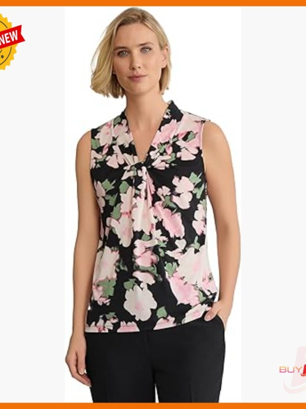 Sleeveless Knot-Front Top, V-Neck Floral Print, Polyester Blend